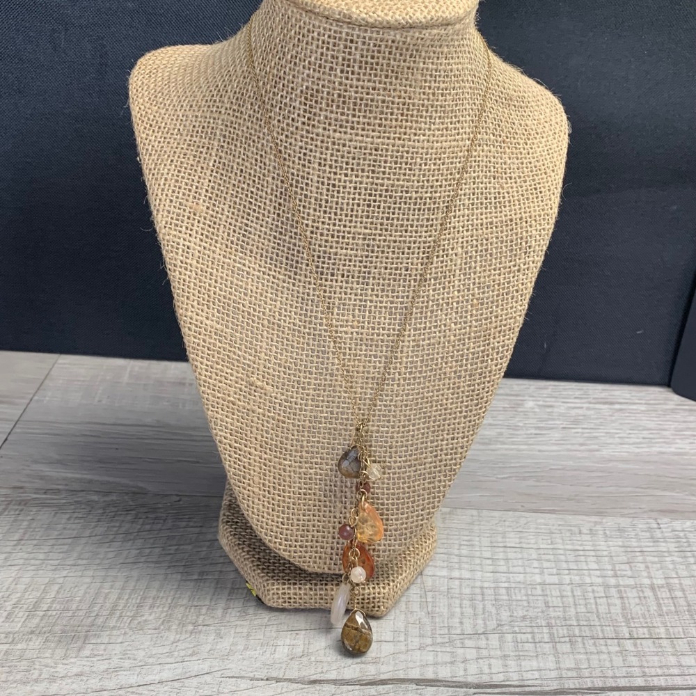 Gold Tone Earthy Stone Cluster Teardrop Pendant Necklace 18 Inch 5002